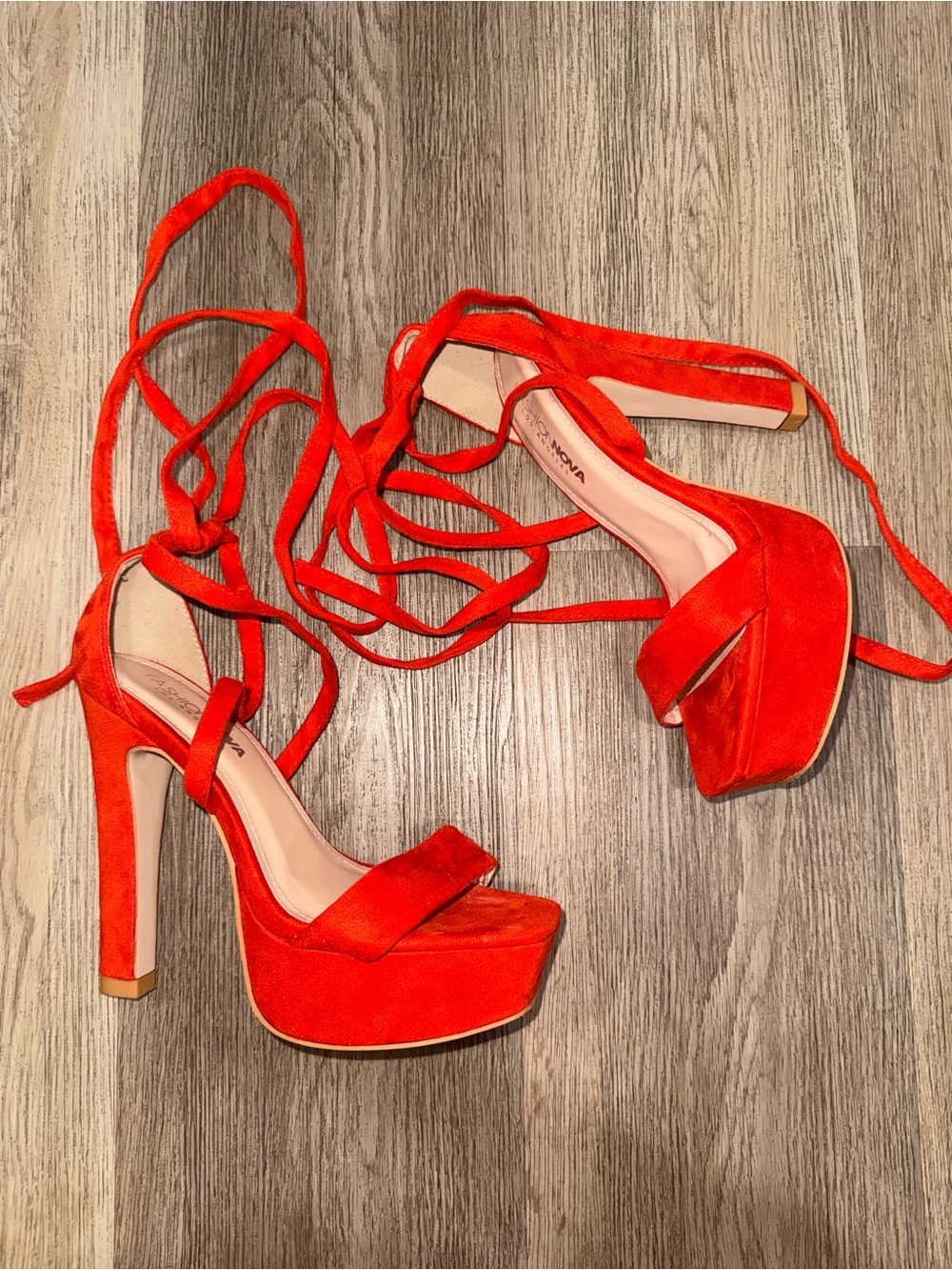 Fashion Nova Red Suede Lace-Up Platform Heels